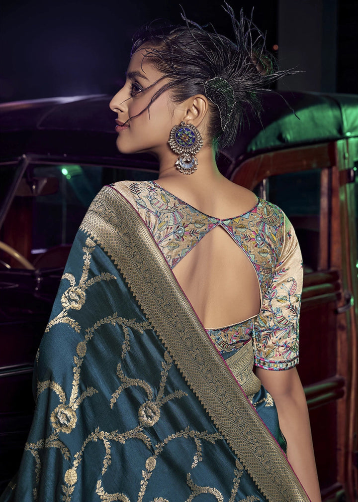 Sea Blue Banarasi Silk Saree with Opulent Zari Work & Embellished Blouse - House of Sarvati LLC