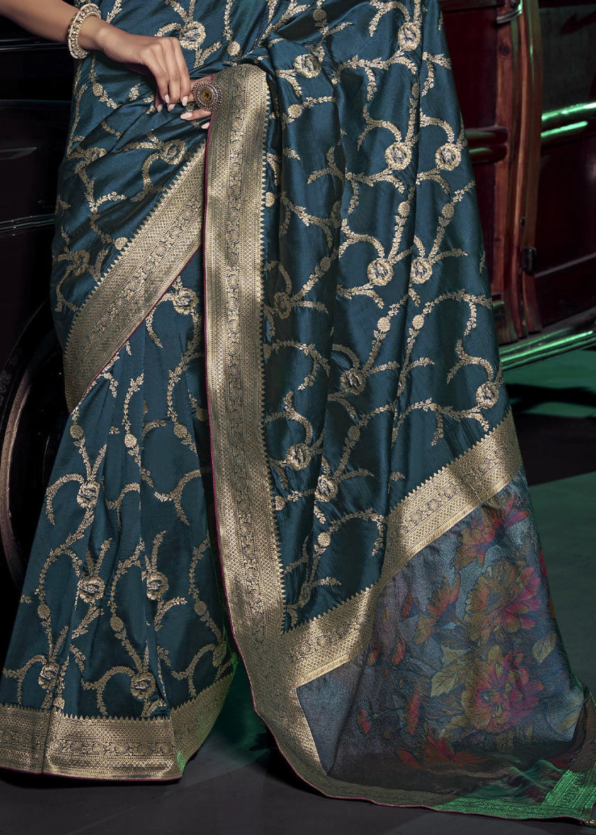 Sea Blue Banarasi Silk Saree with Opulent Zari Work & Embellished Blouse - House of Sarvati LLC
