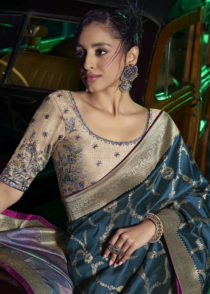 Sea Blue Banarasi Silk Saree with Opulent Zari Work & Embellished Blouse - House of Sarvati LLC