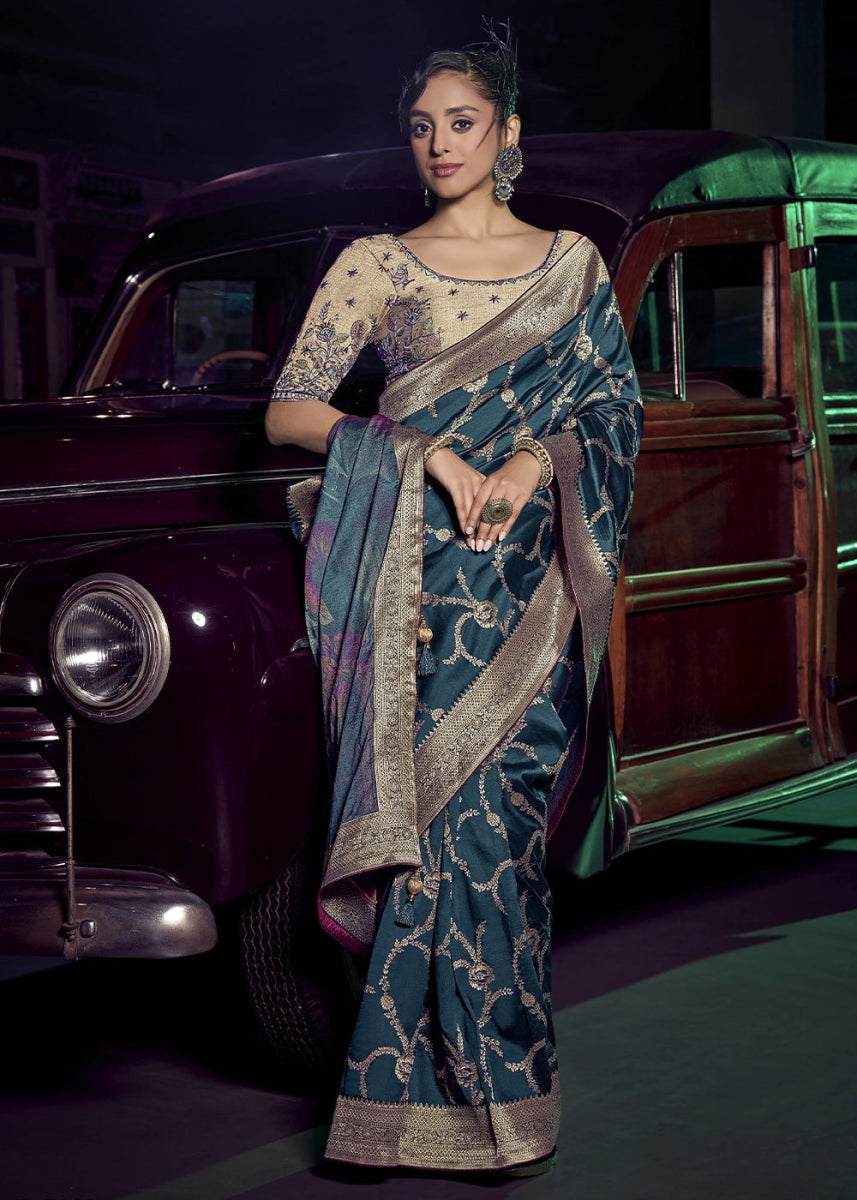 Sea Blue Banarasi Silk Saree with Opulent Zari Work & Embellished Blouse - House of Sarvati LLC