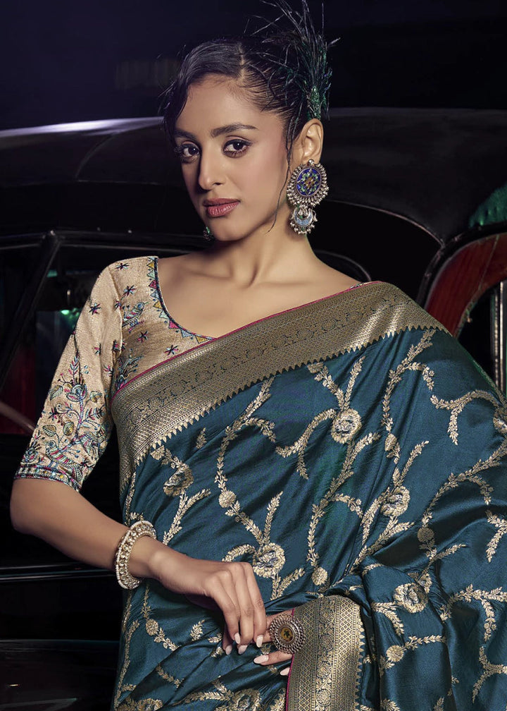 Sea Blue Banarasi Silk Saree with Opulent Zari Work & Embellished Blouse - House of Sarvati LLC