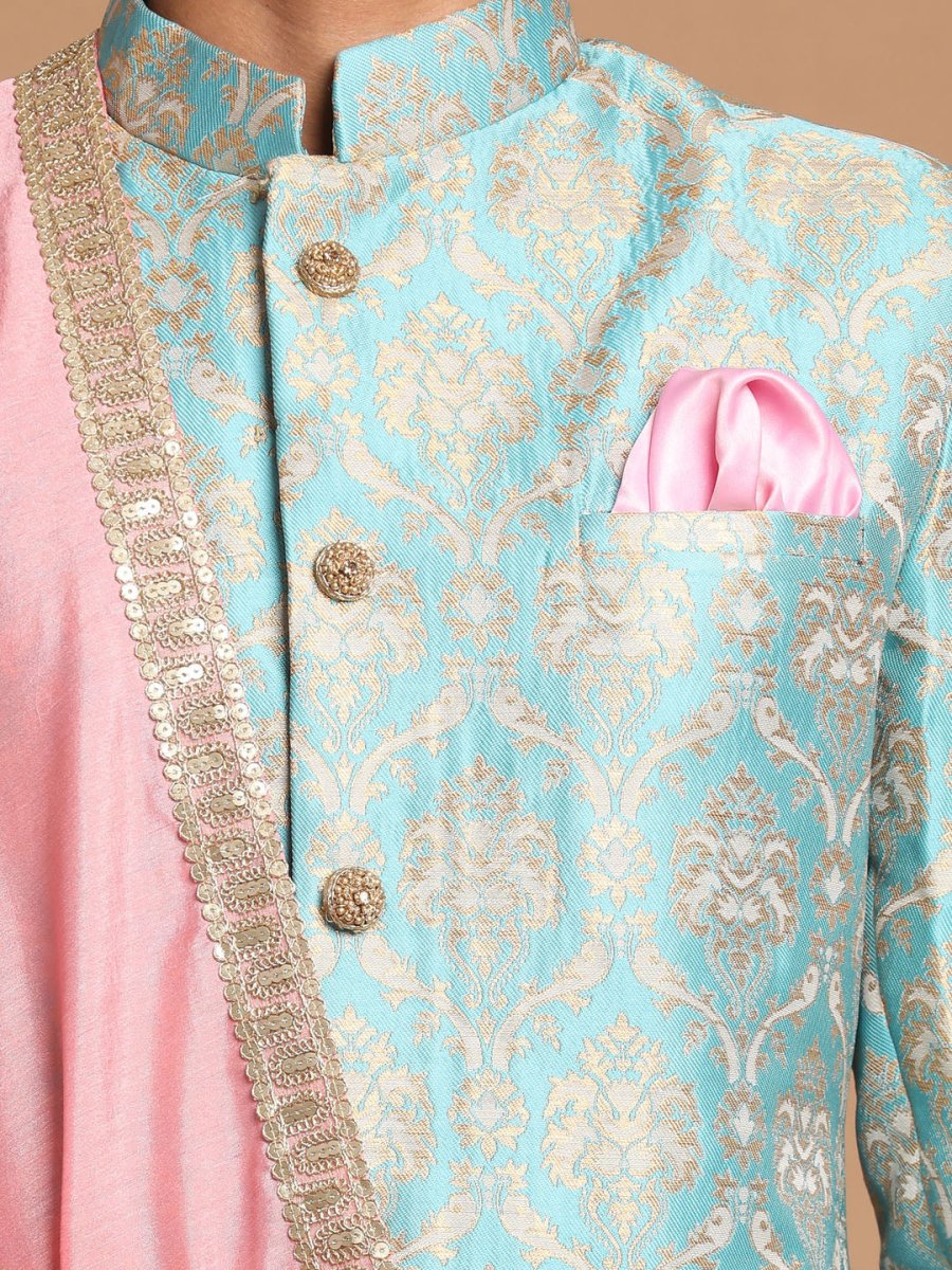 Sea Green And Gold Brocade Jacquard Sherwani Set With Pink Dupatta - House of Sarvati LLC