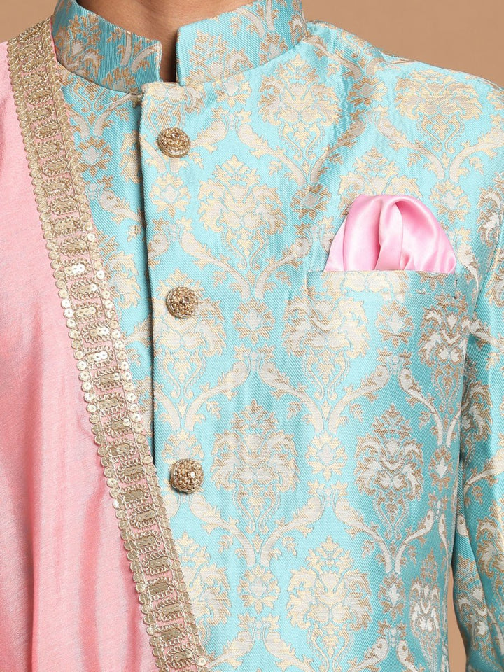 Sea Green And Gold Brocade Jacquard Sherwani Set With Pink Dupatta - House of Sarvati LLC