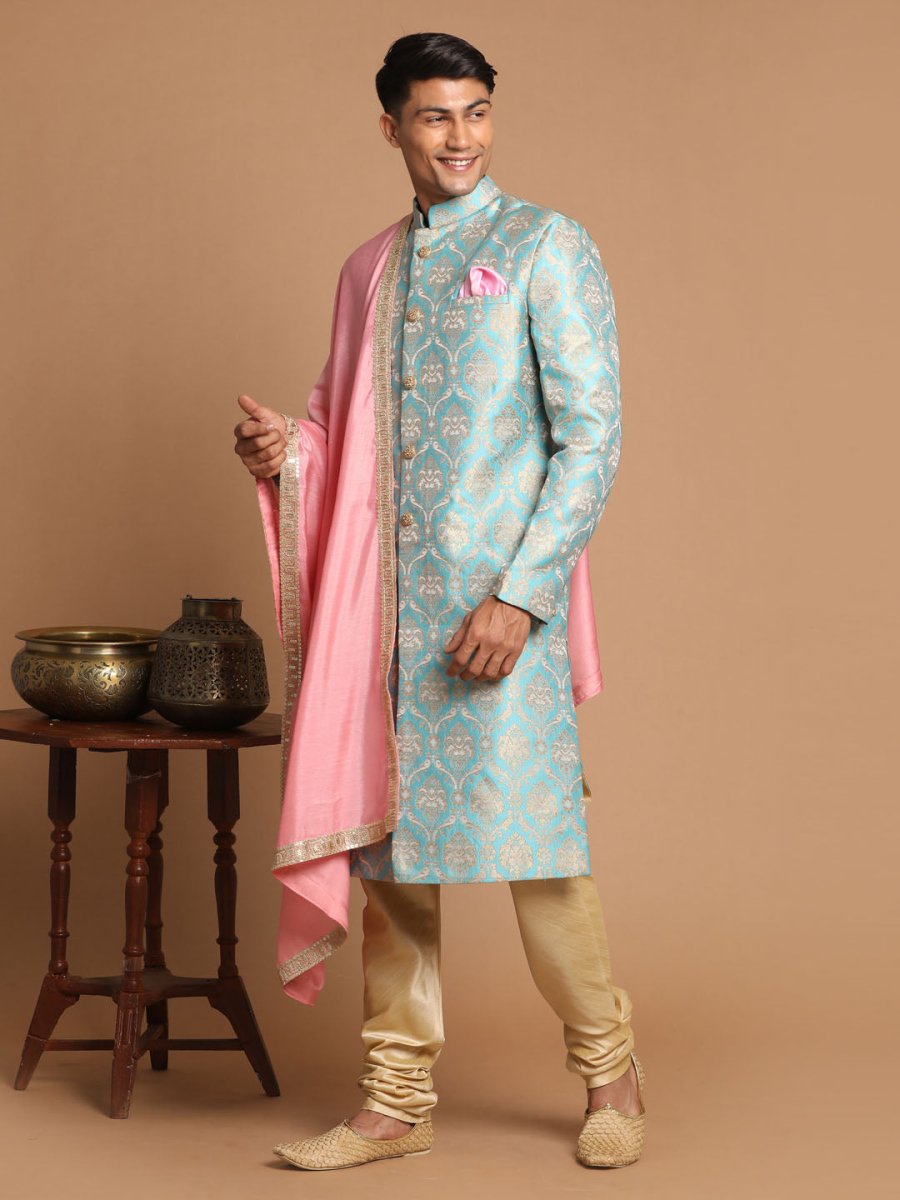 Sea Green And Gold Brocade Jacquard Sherwani Set With Pink Dupatta - House of Sarvati LLC