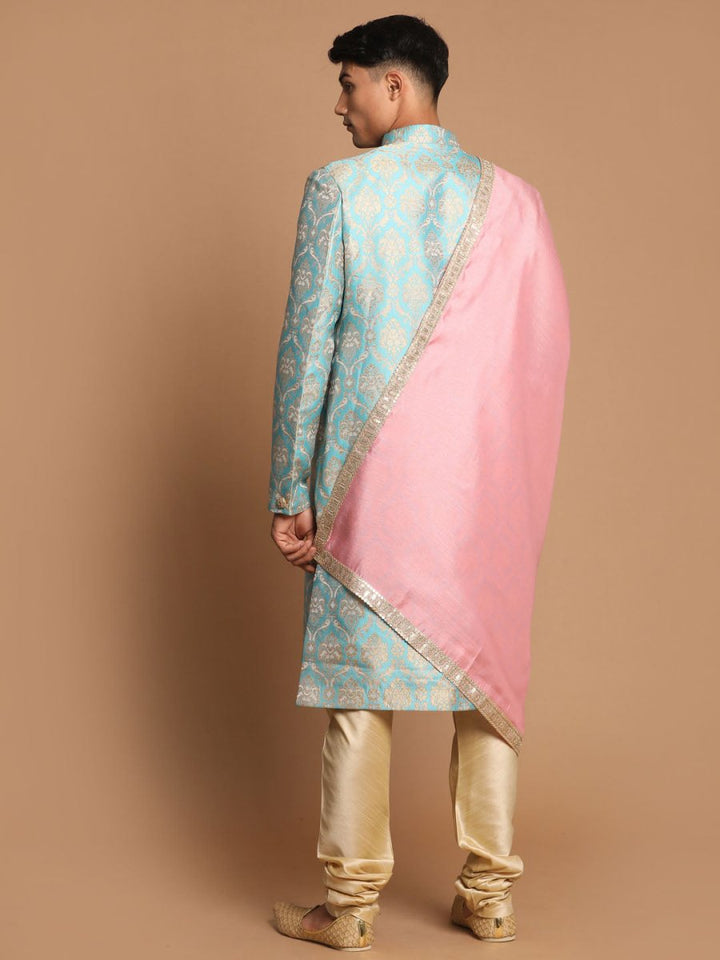 Sea Green And Gold Brocade Jacquard Sherwani Set With Pink Dupatta - House of Sarvati LLC