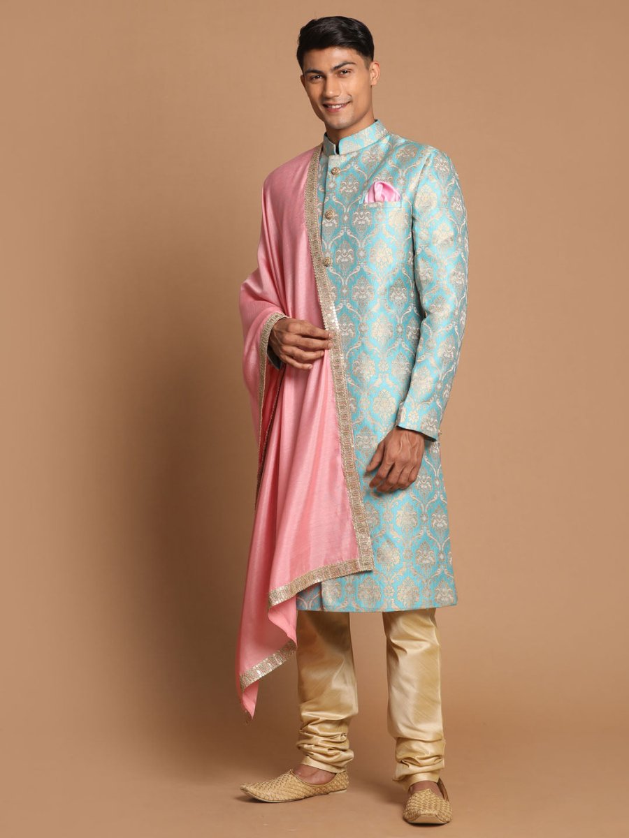 Sea Green And Gold Brocade Jacquard Sherwani Set With Pink Dupatta - House of Sarvati LLC