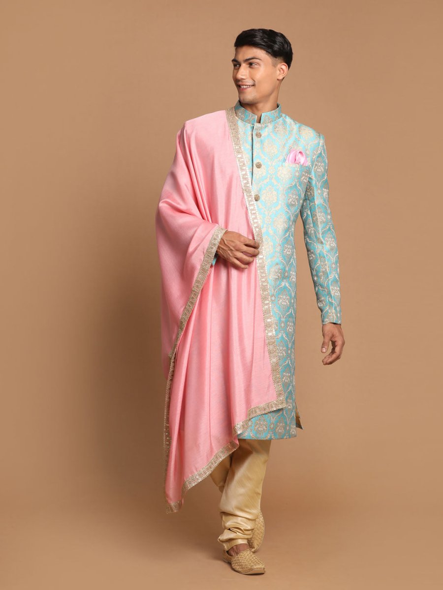 Sea Green And Gold Brocade Jacquard Sherwani Set With Pink Dupatta - House of Sarvati LLC