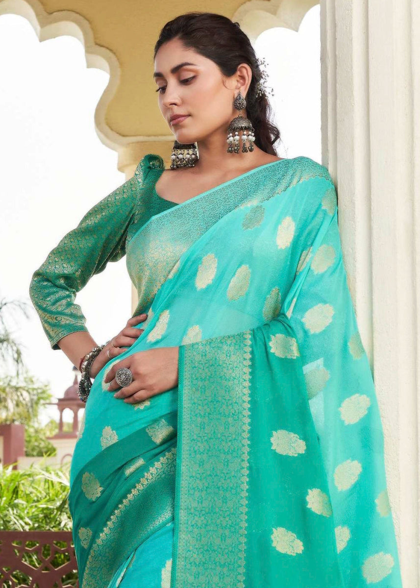 Sea Green Georgette Silk Saree with Ornate Zari Border & Pallu - House of Sarvati LLC