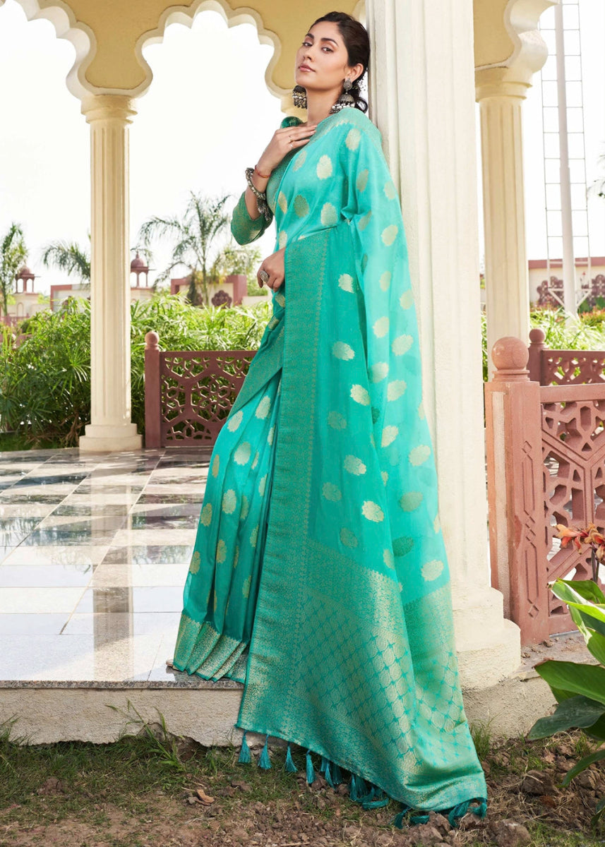 Sea Green Georgette Silk Saree with Ornate Zari Border & Pallu - House of Sarvati LLC