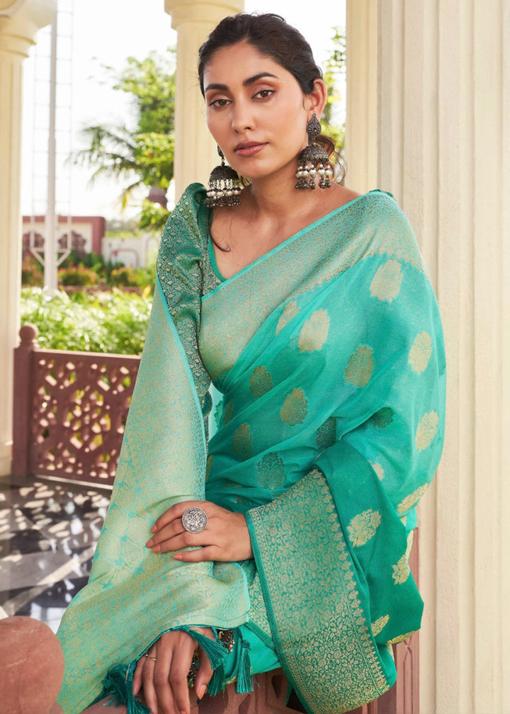 Sea Green Georgette Silk Saree with Ornate Zari Border & Pallu - House of Sarvati LLC