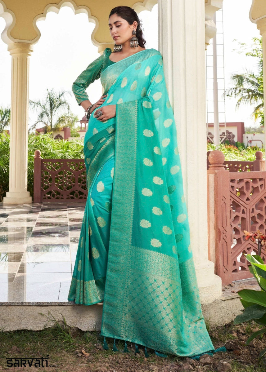 Sea Green Georgette Silk Saree with Ornate Zari Border & Pallu - House of Sarvati LLC