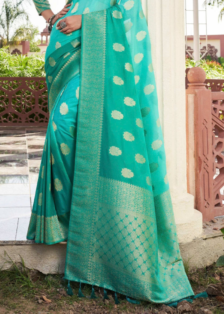 Sea Green Georgette Silk Saree with Ornate Zari Border & Pallu - House of Sarvati LLC