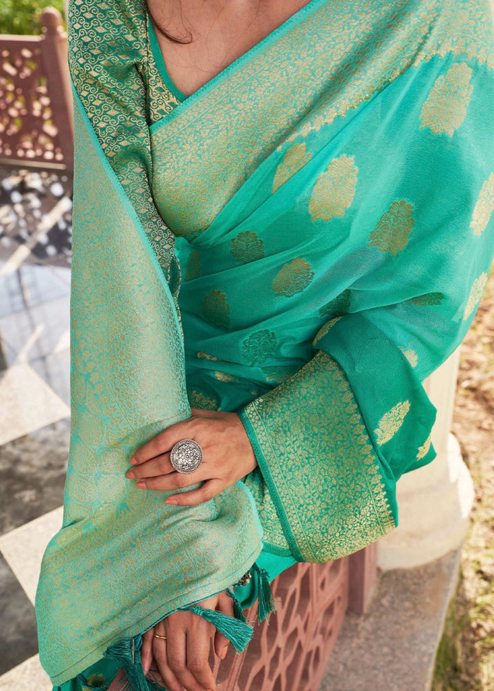 Sea Green Georgette Silk Saree with Ornate Zari Border & Pallu - House of Sarvati LLC