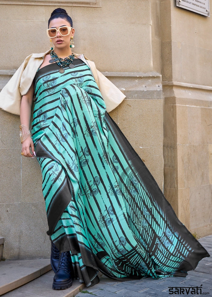 Seafoam Green Lightweight Printed Saree in Satin Crepe - House of Sarvati LLC