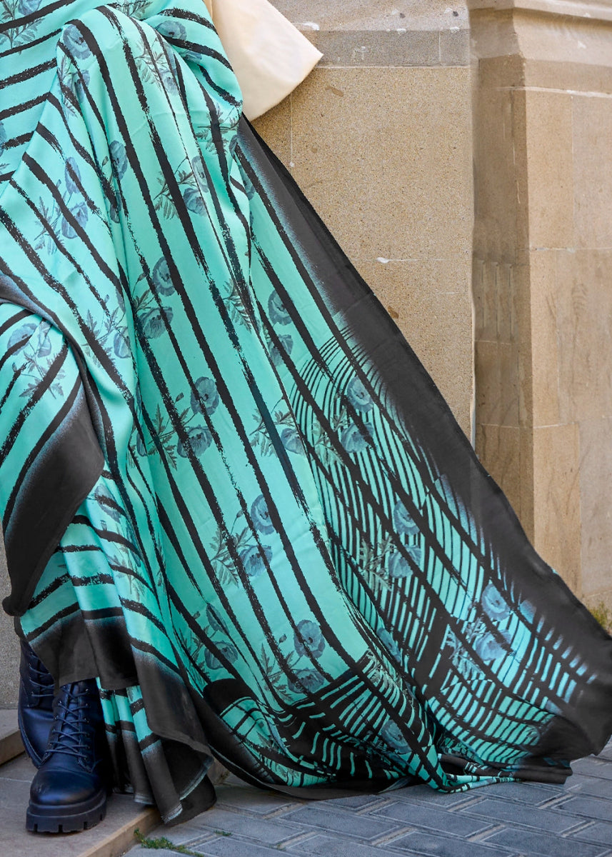 Seafoam Green Lightweight Printed Saree in Satin Crepe - House of Sarvati LLC