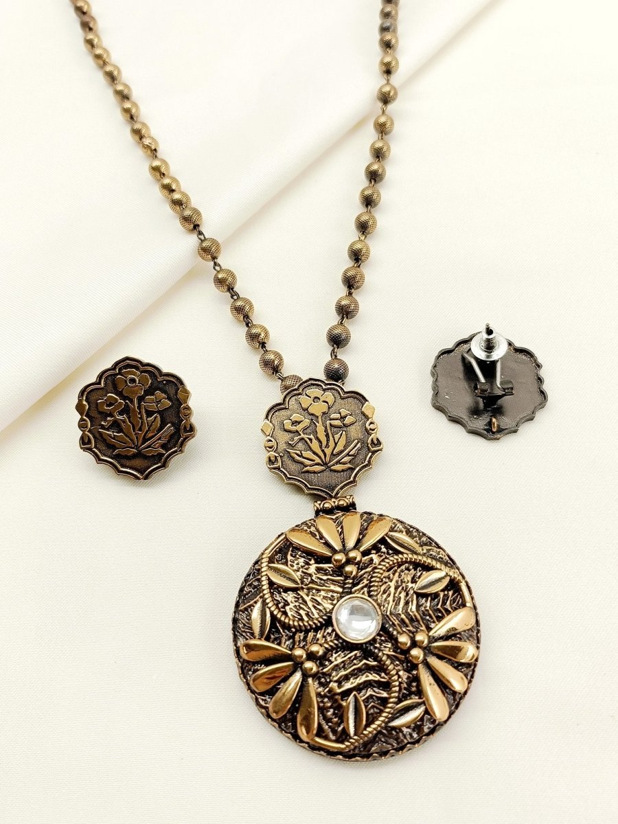 Seher Antique Gold Oxidized Pendant Set - House of Sarvati LLC