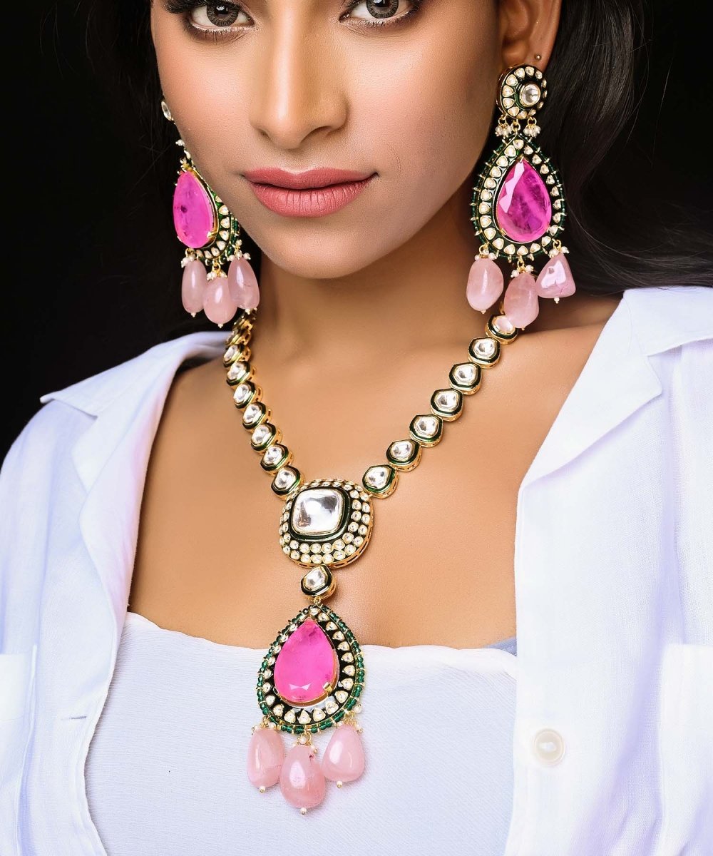 Shaazneen Pink Kundan Set With Uncut Polkis - House of Sarvati LLC