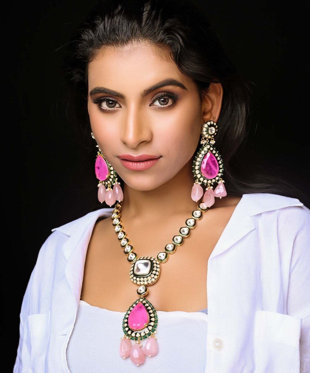 Shaazneen Pink Kundan Set With Uncut Polkis - House of Sarvati LLC