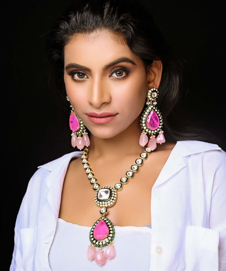 Shaazneen Pink Kundan Set With Uncut Polkis - House of Sarvati LLC
