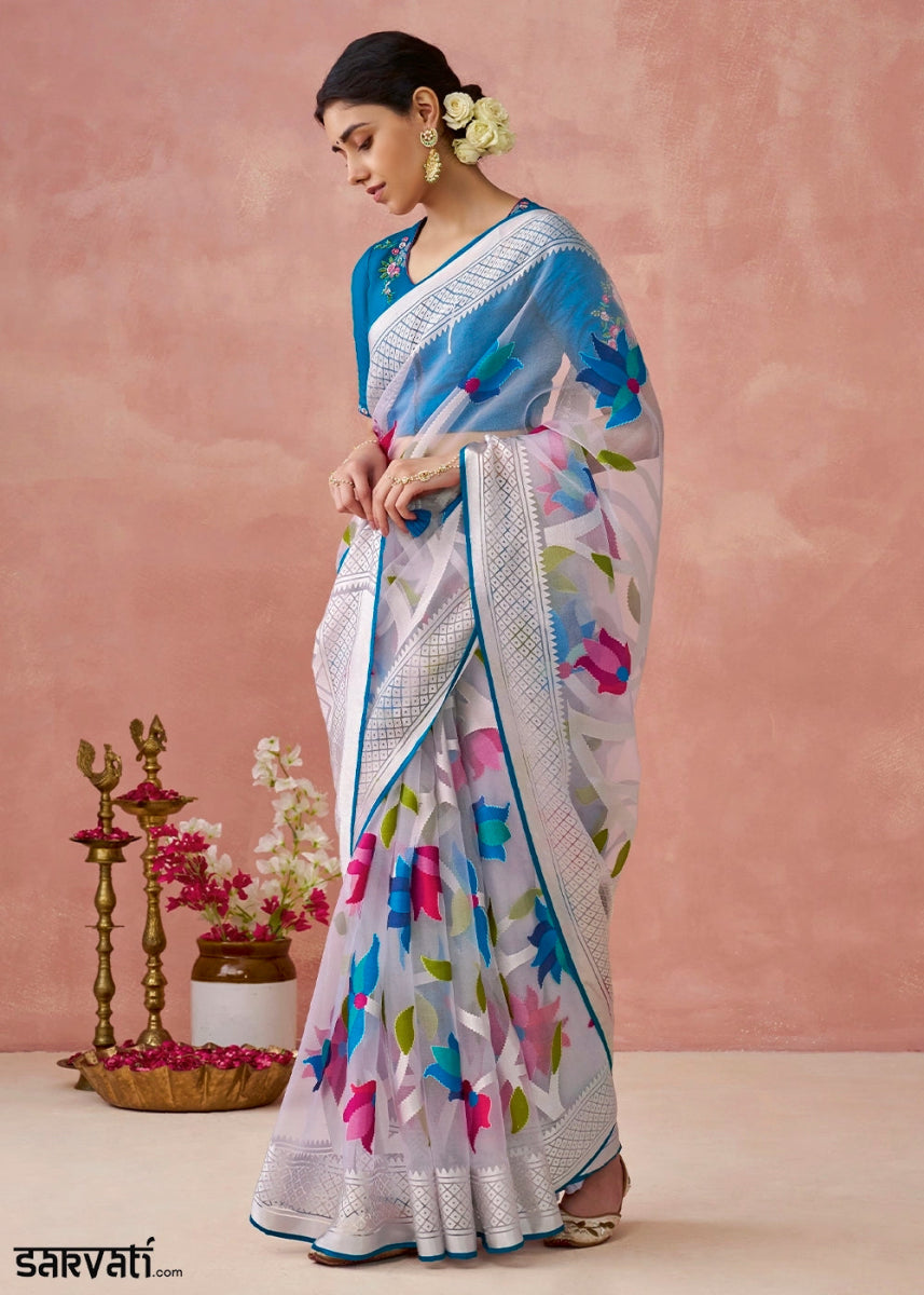 Shaded Blue Brasso Organza Saree with Designer Embroidered Blouse - House of Sarvati LLC