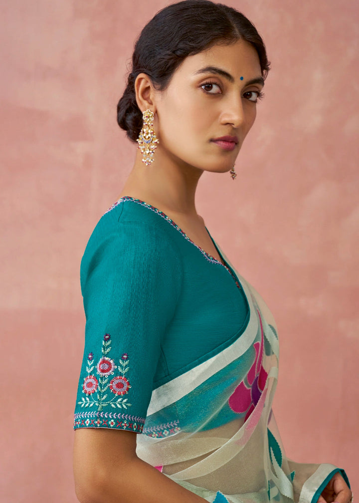 Shaded Blue Brasso Organza Saree with Designer Embroidered Blouse - House of Sarvati LLC