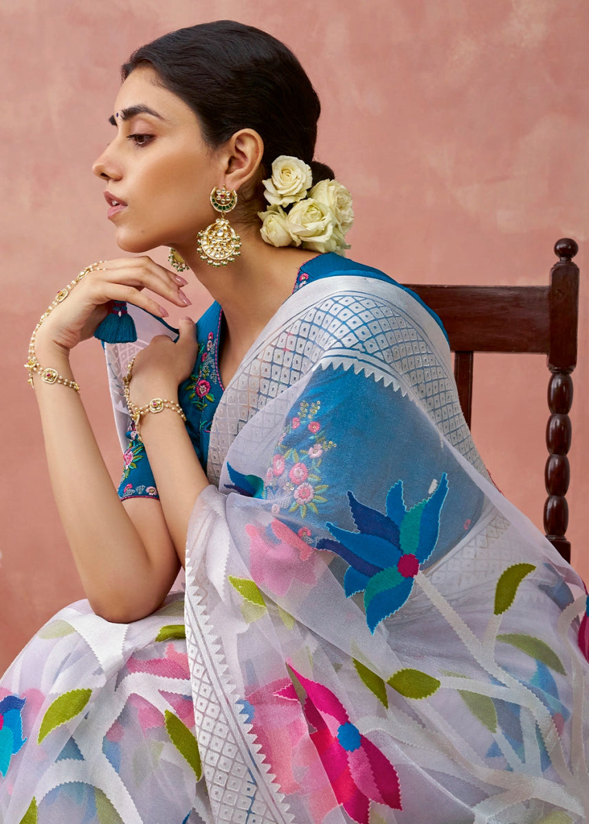 Shaded Blue Brasso Organza Saree with Designer Embroidered Blouse - House of Sarvati LLC