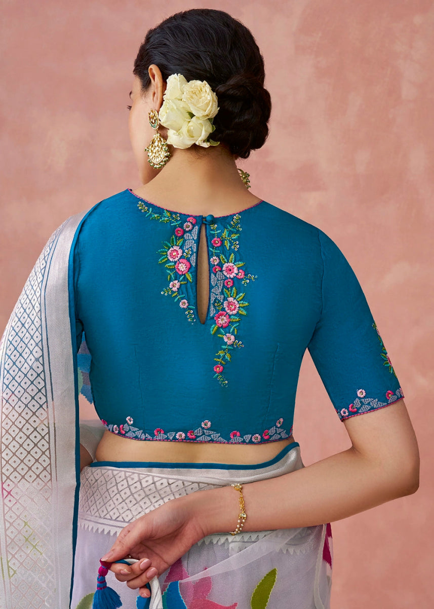 Shaded Blue Brasso Organza Saree with Designer Embroidered Blouse - House of Sarvati LLC