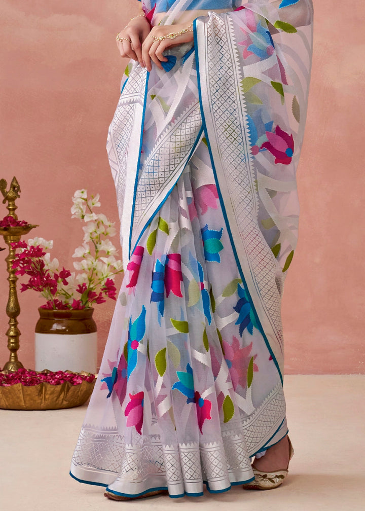 Shaded Blue Brasso Organza Saree with Designer Embroidered Blouse - House of Sarvati LLC