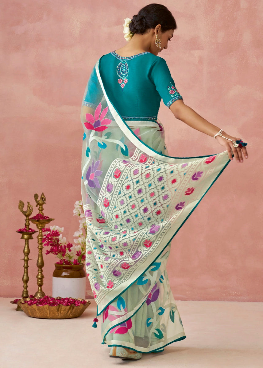 Shaded Blue Brasso Organza Saree with Designer Embroidered Blouse - House of Sarvati LLC