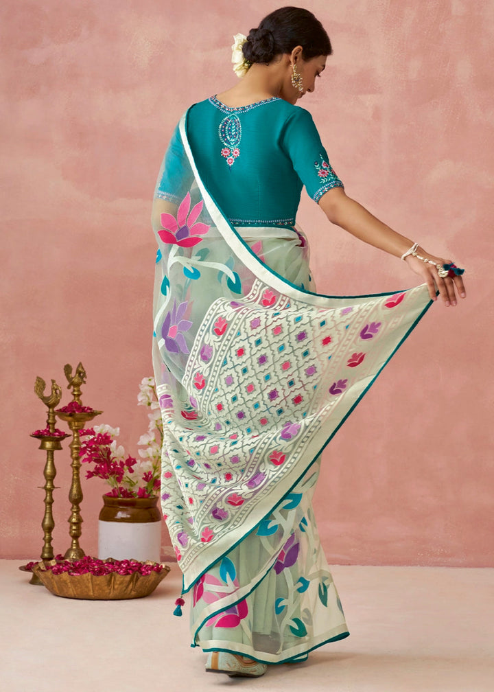 Shaded Blue Brasso Organza Saree with Designer Embroidered Blouse - House of Sarvati LLC