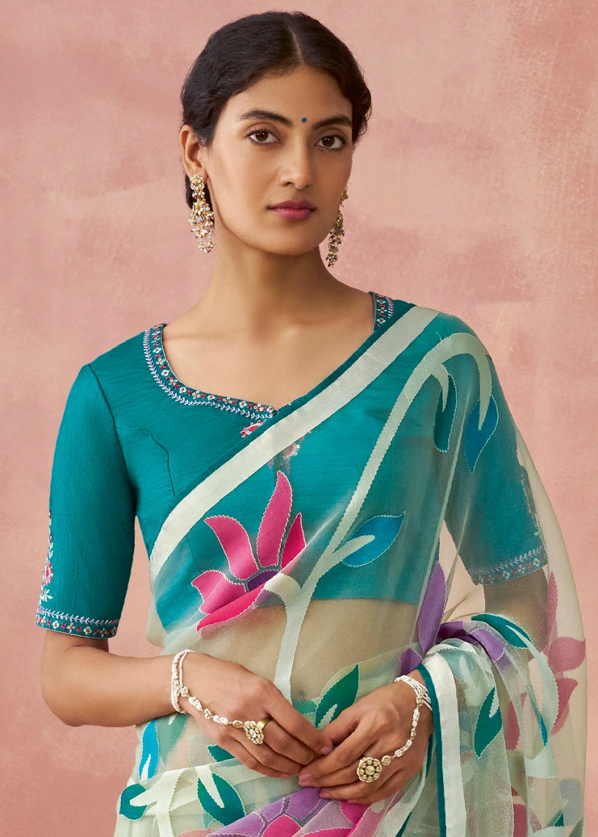 Shaded Blue Brasso Organza Saree with Designer Embroidered Blouse - House of Sarvati LLC
