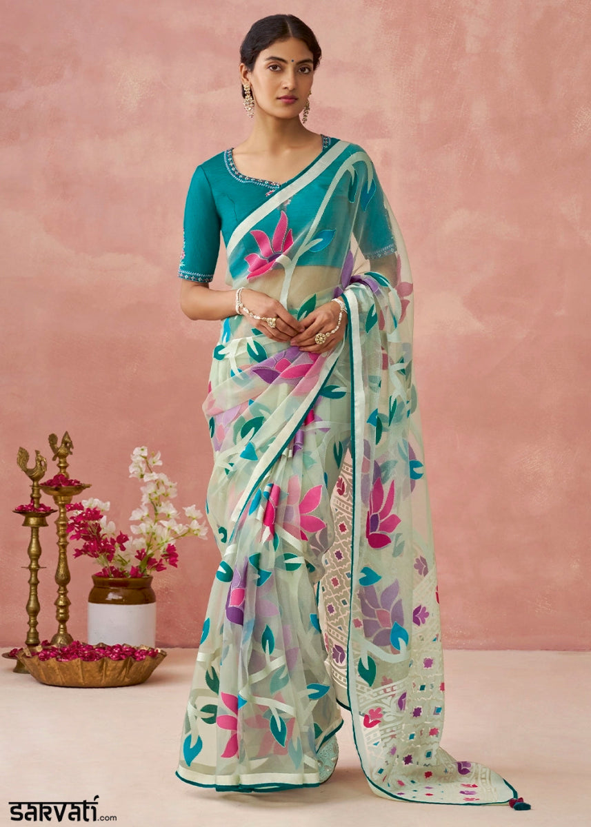 Shaded Blue Brasso Organza Saree with Designer Embroidered Blouse - House of Sarvati LLC