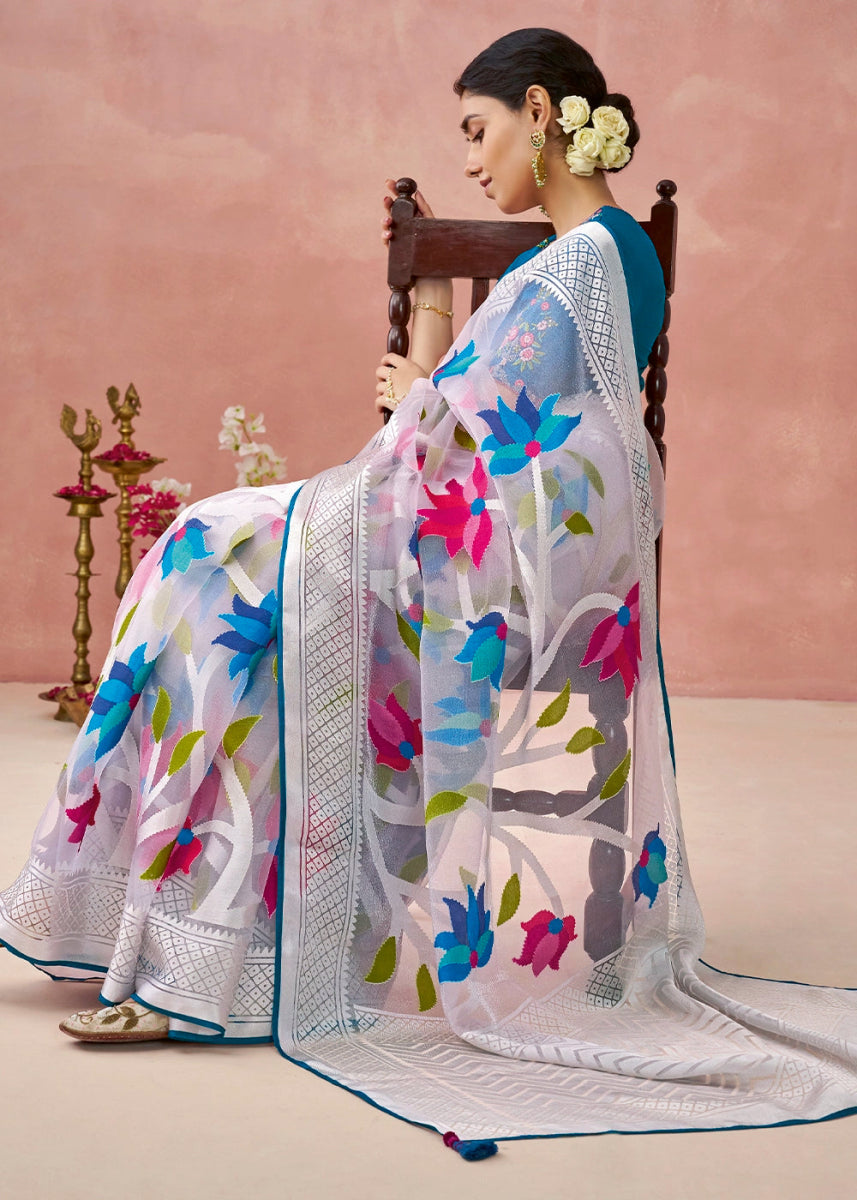 Shaded Blue Brasso Organza Saree with Designer Embroidered Blouse - House of Sarvati LLC