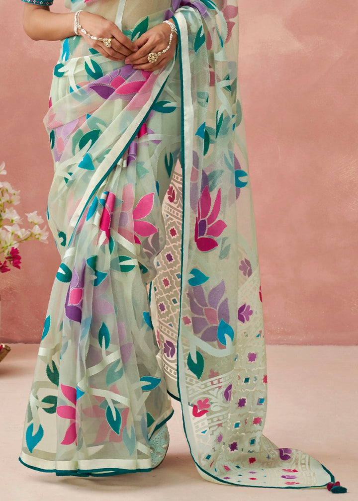 Shaded Blue Brasso Organza Saree with Designer Embroidered Blouse - House of Sarvati LLC