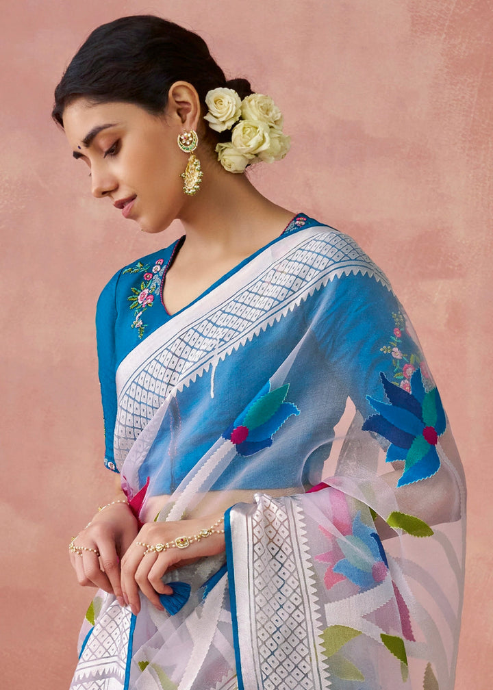 Shaded Blue Brasso Organza Saree with Designer Embroidered Blouse - House of Sarvati LLC