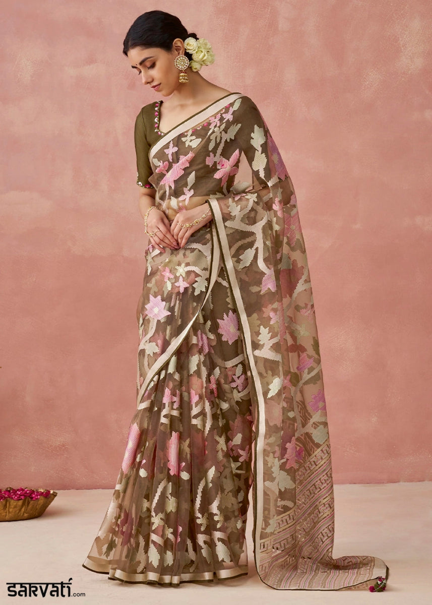Shaded Brown Brasso Organza Saree with Designer Embroidered Blouse - House of Sarvati LLC