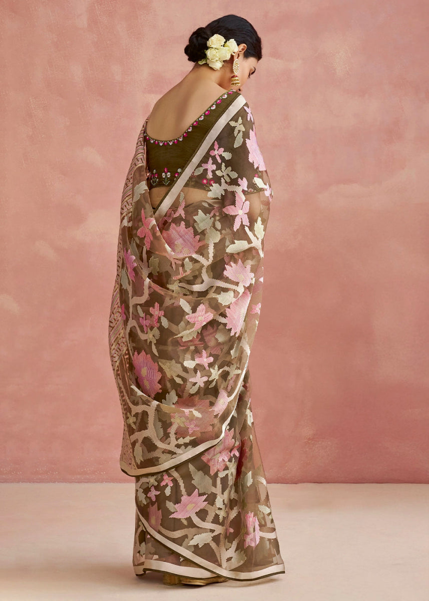 Shaded Brown Brasso Organza Saree with Designer Embroidered Blouse - House of Sarvati LLC