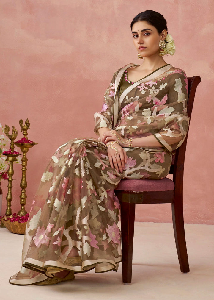 Shaded Brown Brasso Organza Saree with Designer Embroidered Blouse - House of Sarvati LLC
