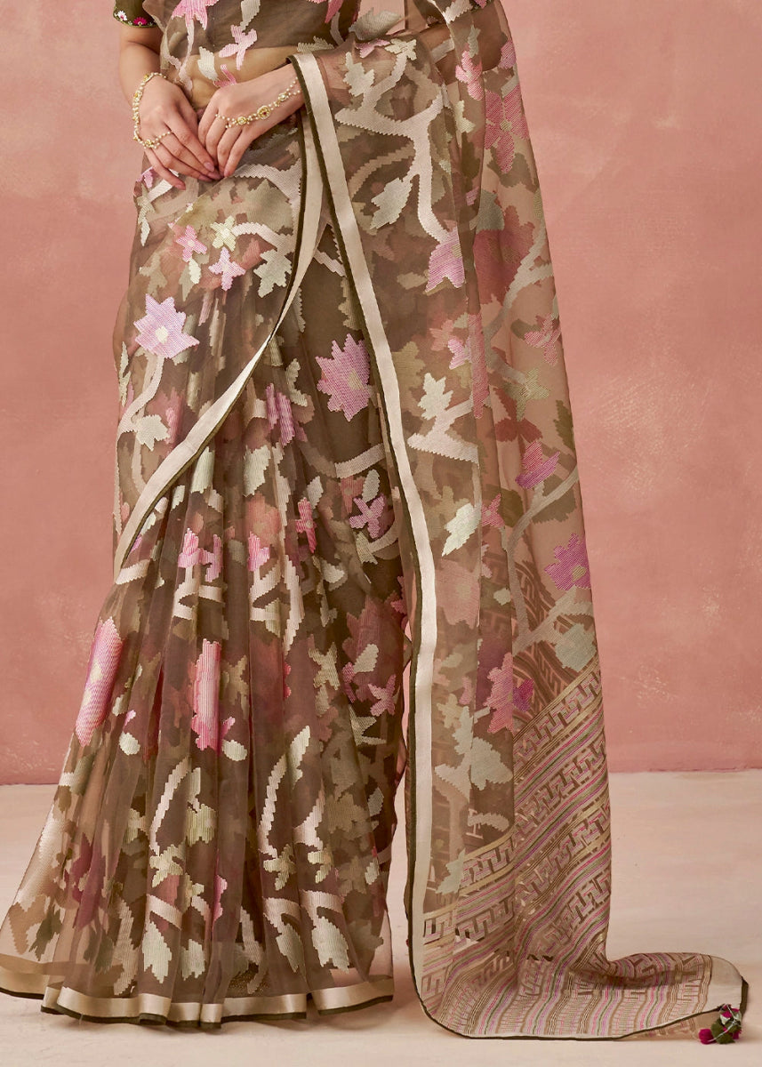 Shaded Brown Brasso Organza Saree with Designer Embroidered Blouse - House of Sarvati LLC