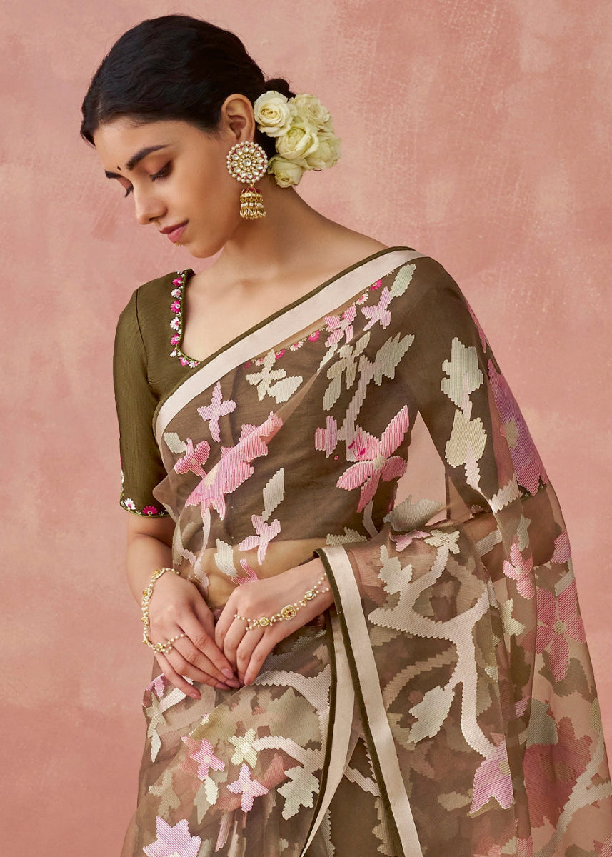 Shaded Brown Brasso Organza Saree with Designer Embroidered Blouse - House of Sarvati LLC