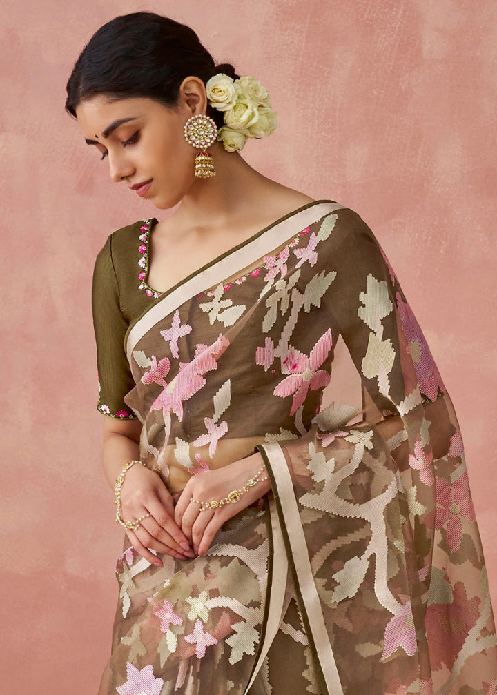 Shaded Brown Brasso Organza Saree with Designer Embroidered Blouse - House of Sarvati LLC