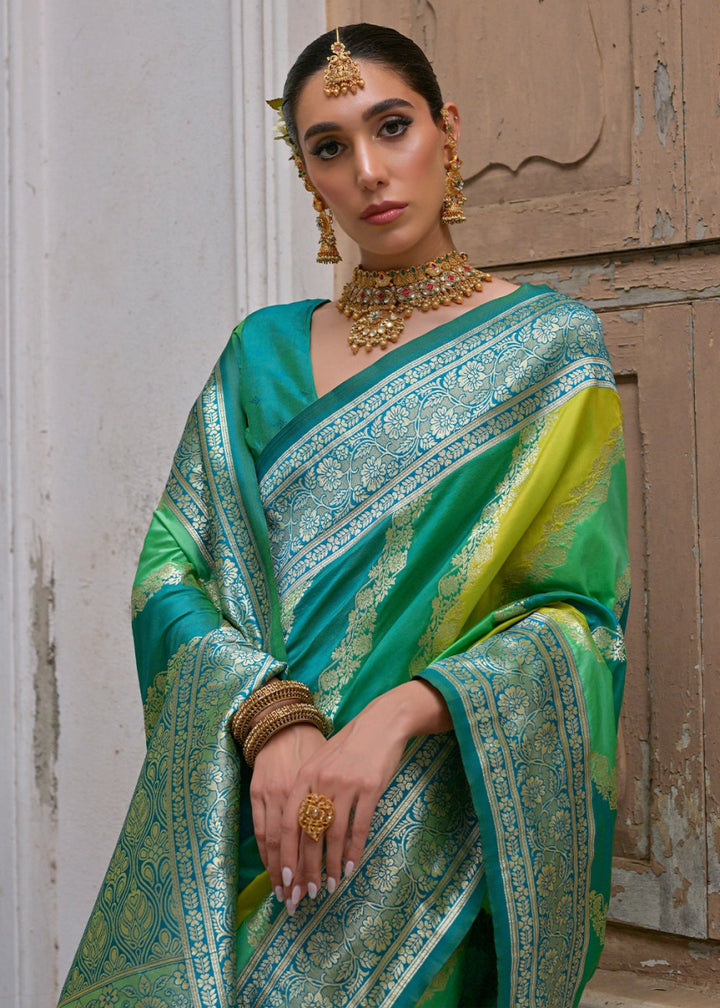 Shaded Green Banarasi Silk Saree with All - Over Leheriya Zari Weave - House of Sarvati LLC