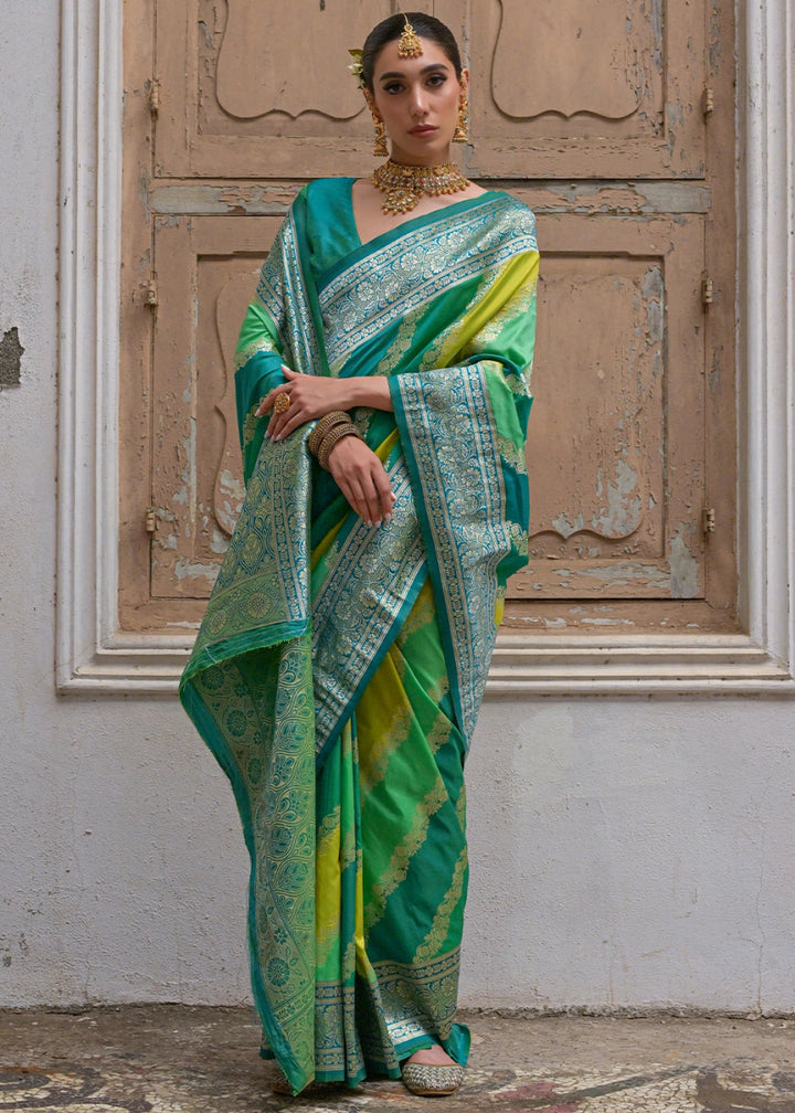Shaded Green Banarasi Silk Saree with All - Over Leheriya Zari Weave - House of Sarvati LLC
