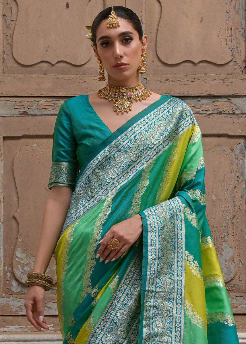 Shaded Green Banarasi Silk Saree with All - Over Leheriya Zari Weave - House of Sarvati LLC