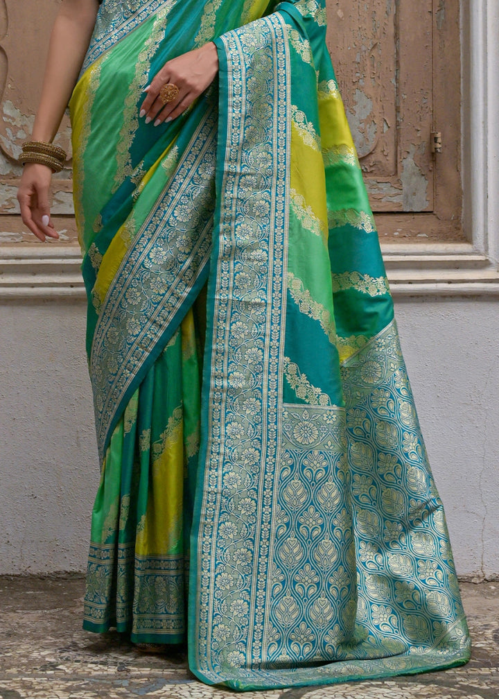 Shaded Green Banarasi Silk Saree with All - Over Leheriya Zari Weave - House of Sarvati LLC