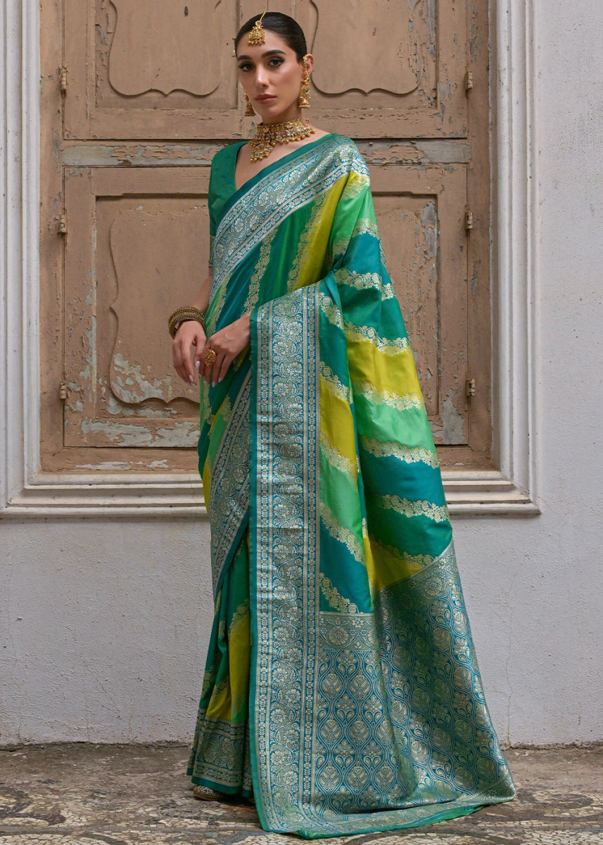 Shaded Green Banarasi Silk Saree with All - Over Leheriya Zari Weave - House of Sarvati LLC
