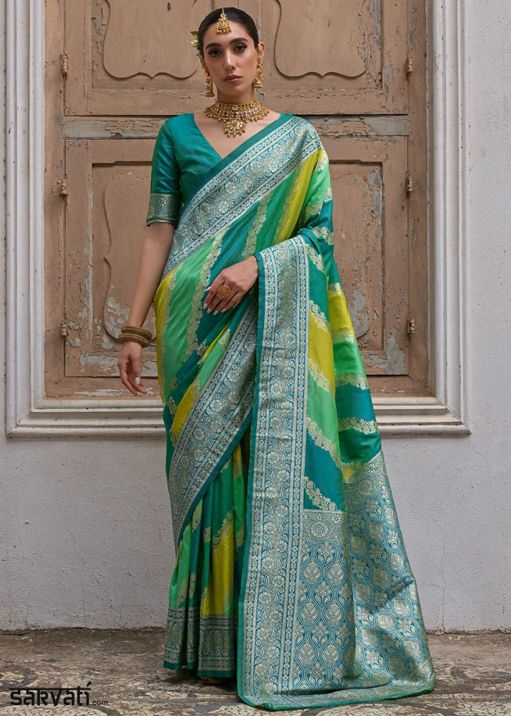 Shaded Green Banarasi Silk Saree with All - Over Leheriya Zari Weave - House of Sarvati LLC