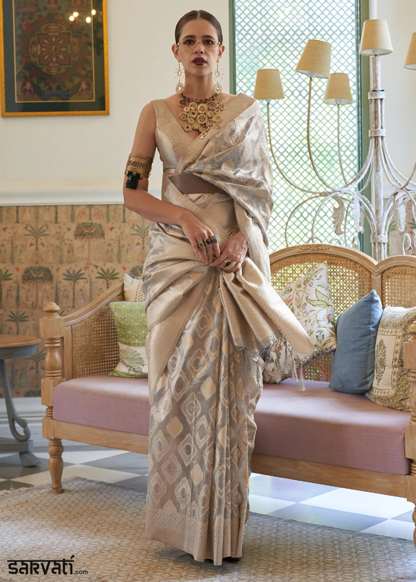 Shaded Grey Tissue Silk Saree with Delicate Handloom Zari Embroidery - House of Sarvati LLC