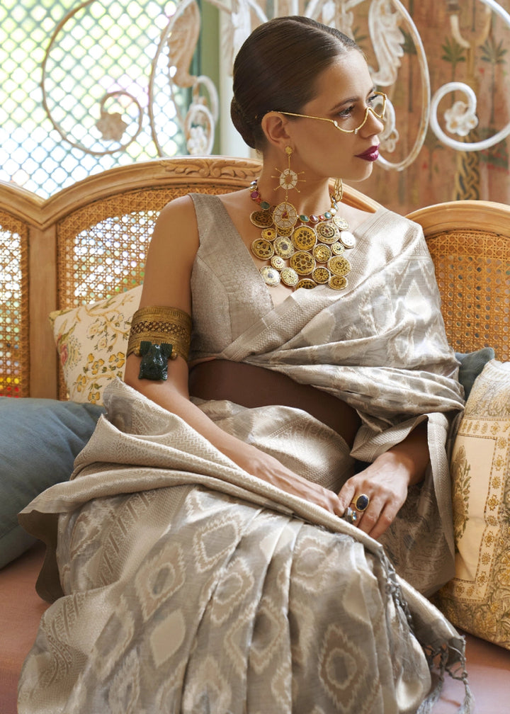 Shaded Grey Tissue Silk Saree with Delicate Handloom Zari Embroidery - House of Sarvati LLC
