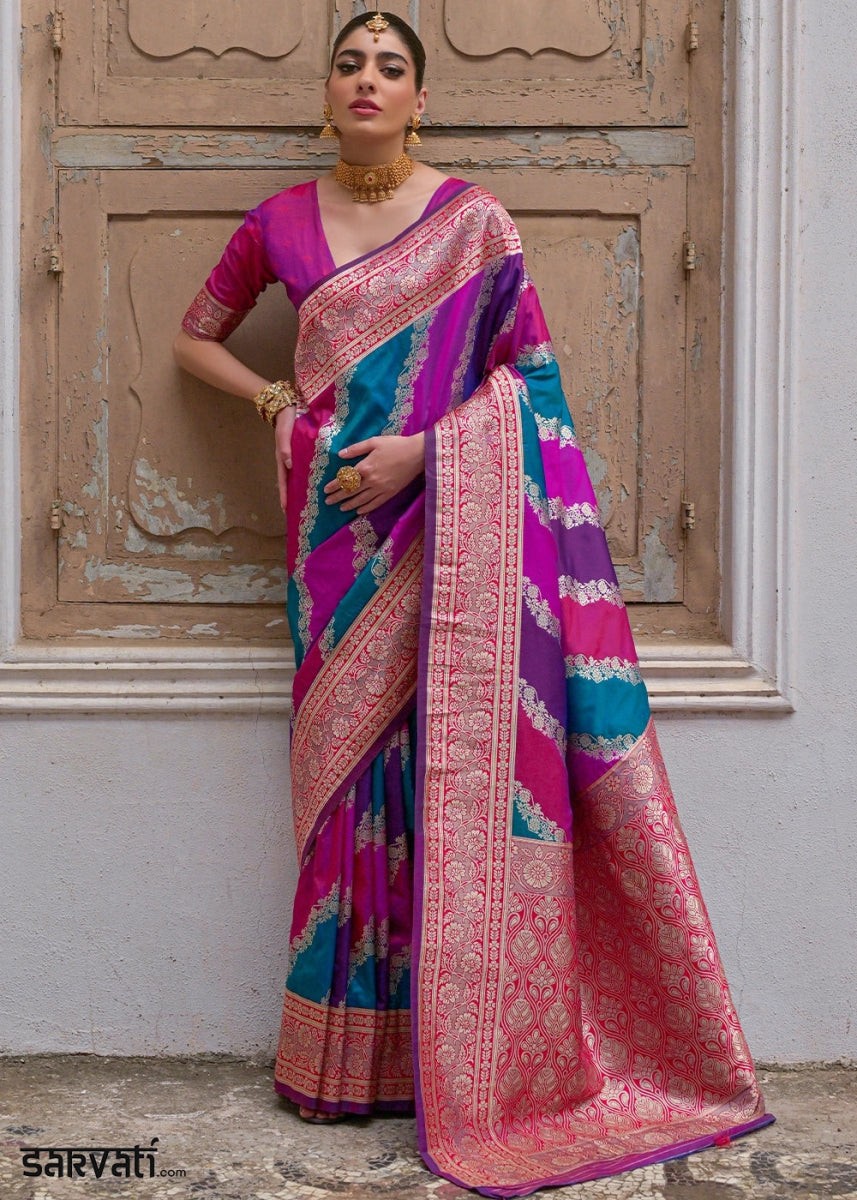Shaded Pink Banarasi Silk Saree with All - Over Leheriya Zari Weave - House of Sarvati LLC